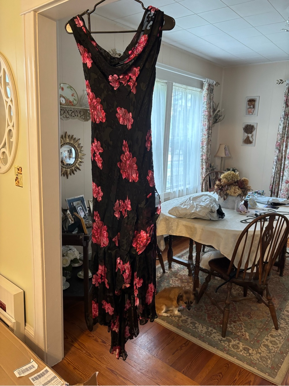 Cache Black Asymmetrical Maxi Dress with Pink Floral Print
